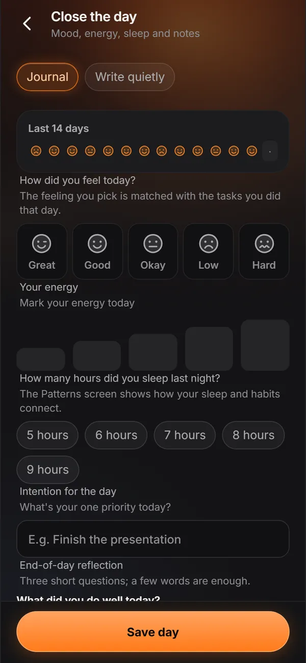 The app's Close the day screen: mood for the last 14 days, energy, sleep and the day's intention.