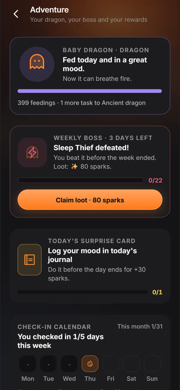 The app's Adventure screen: the baby dragon, the weekly boss and today's surprise card.