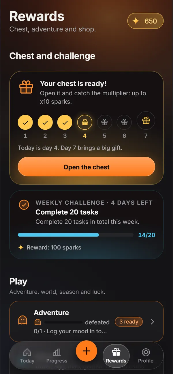 The app's Rewards screen: the daily chest, the weekly challenge and the game entries.