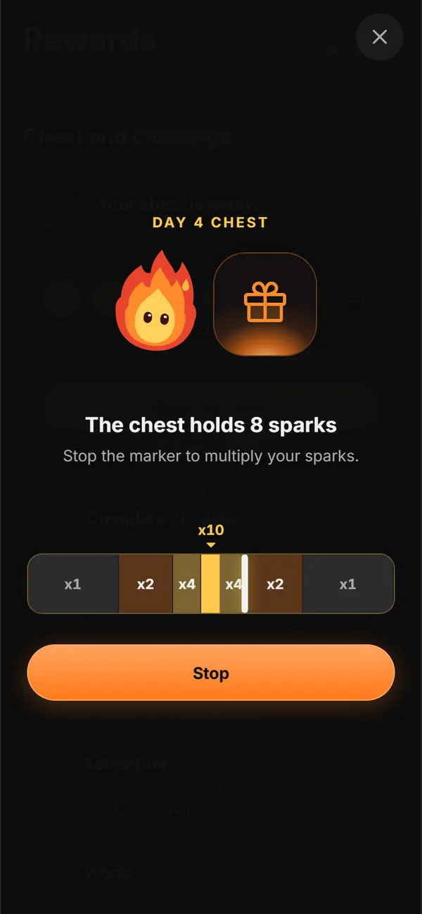 Opening a chest in the app: the chest next to Kıvı, a multiplier bar from x1 to x10 and a Stop button.
