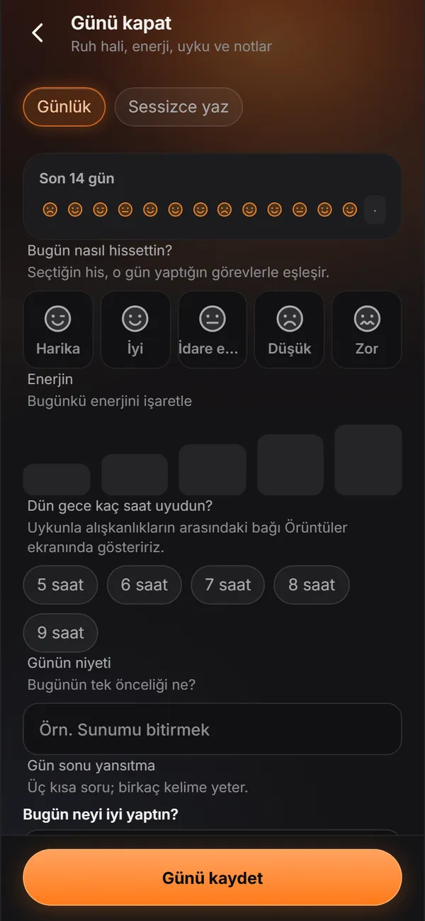 Uygulamanın Günü kapat ekranı: son 14 günün ruh hâli, enerji, uyku ve günün niyeti.