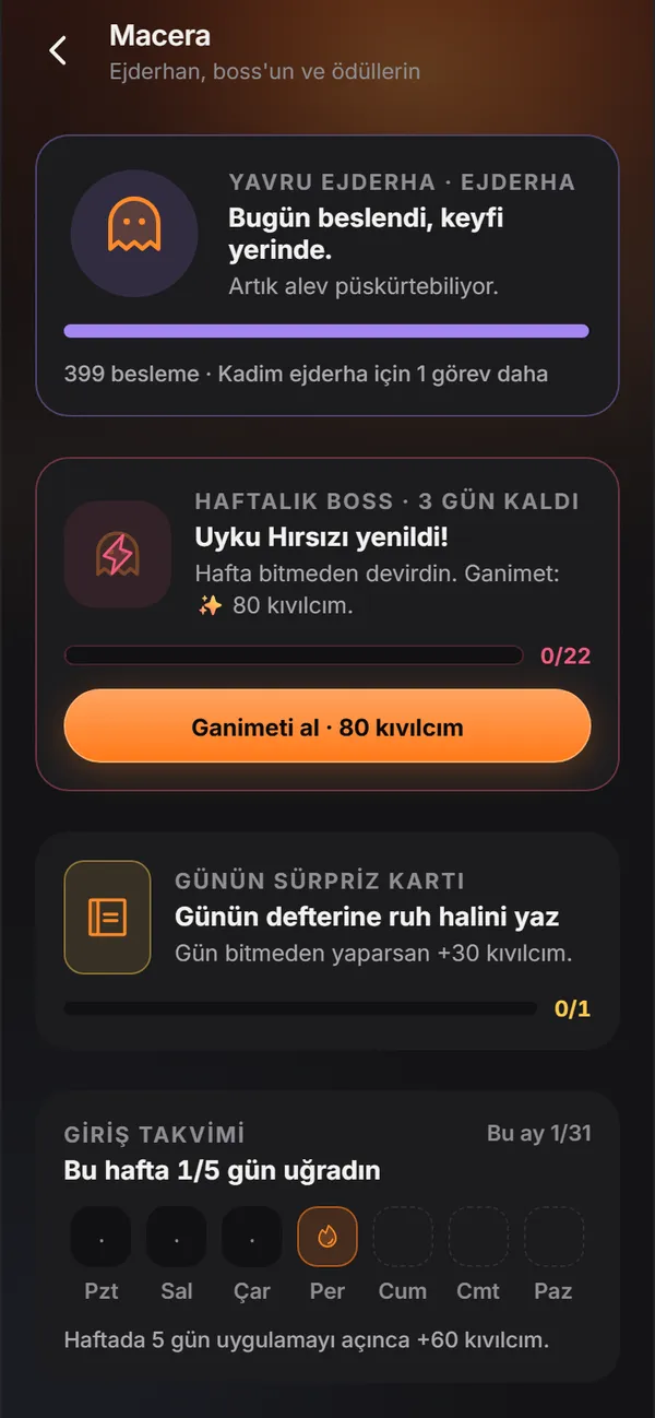 Uygulamanın Macera ekranı: yavru ejderha, haftalık boss ve günün sürpriz kartı.