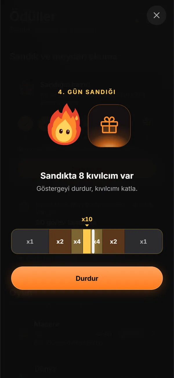 Uygulamada sandık açılışı: Kıvı'nın yanında sandık, x1'den x10'a çarpan çubuğu ve Durdur düğmesi.